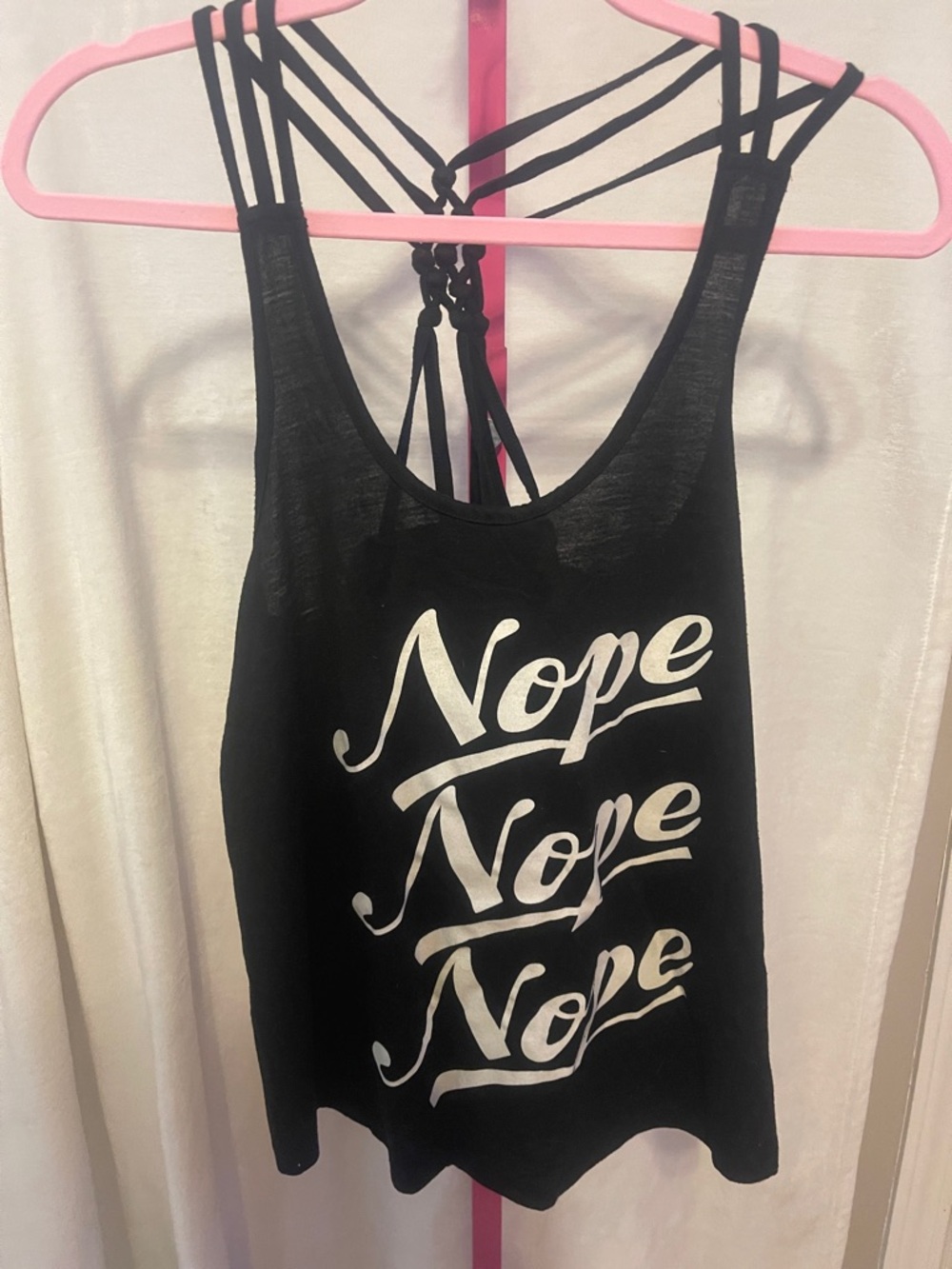 “Freeze” Black Strappy Tank Top with "Nope" Script